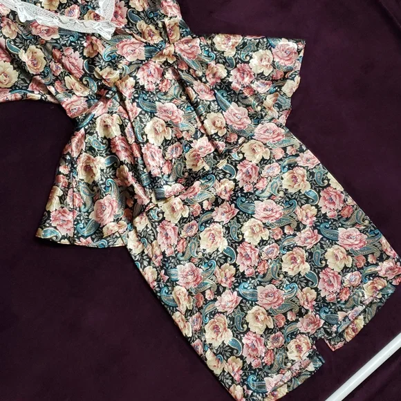 RARE!! Vintage Floral & Lace Peplum V Neck Pencil Skirt Formal Mini Midi Dress - Picture 3 of 11